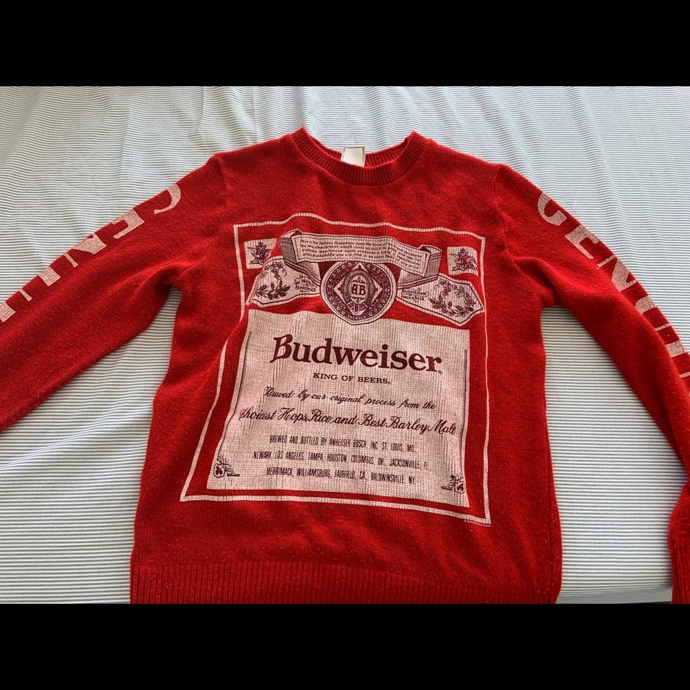 Red knit sweater with Budweiser design